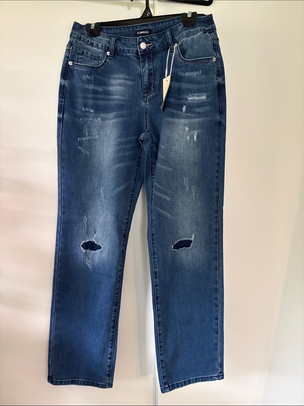 Flamingals NWT Medium 6-8 Distressed Straight-Leg Jeans Dark Blue